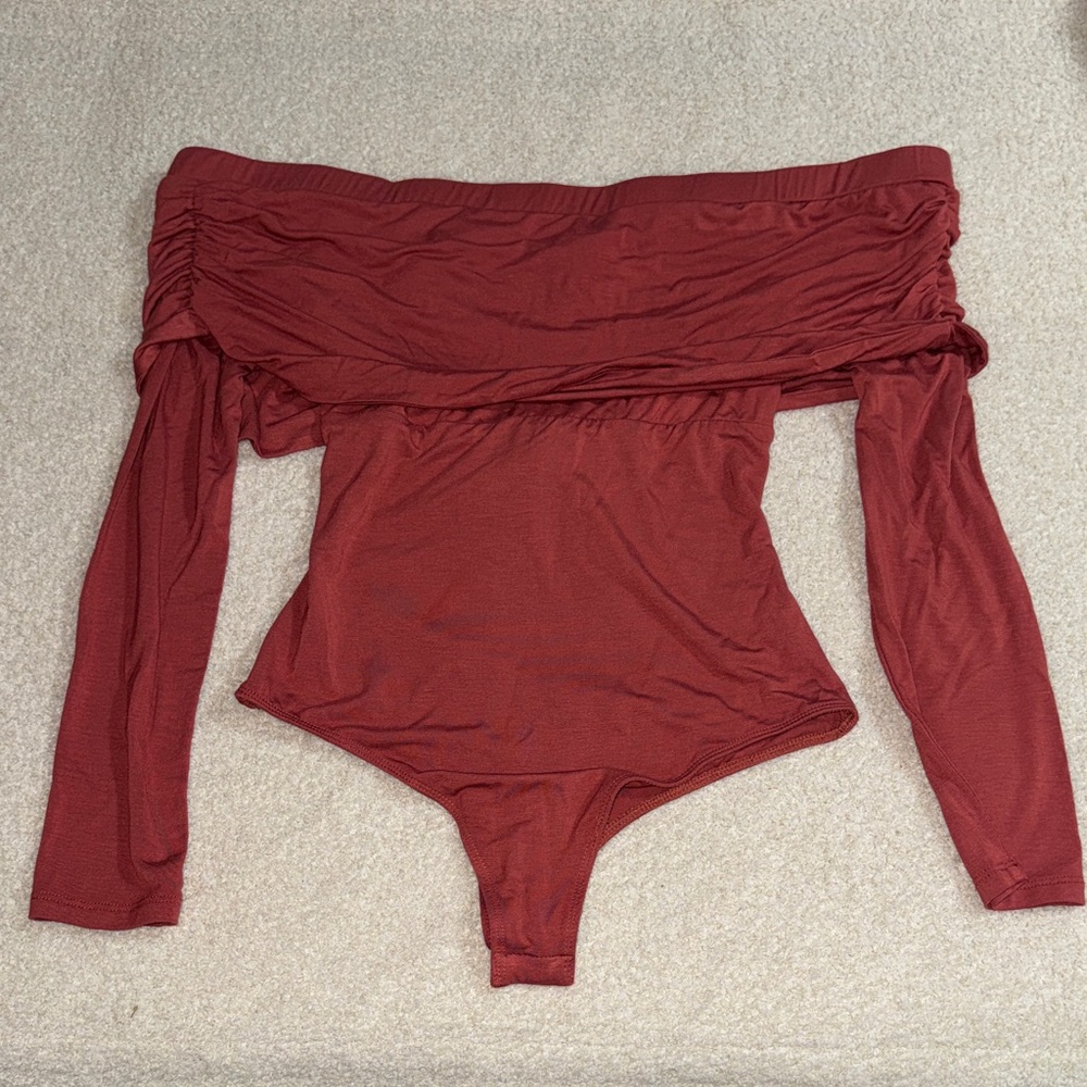 Lulu’s Rust Off-Shoulder, Cross-Back Body Suit